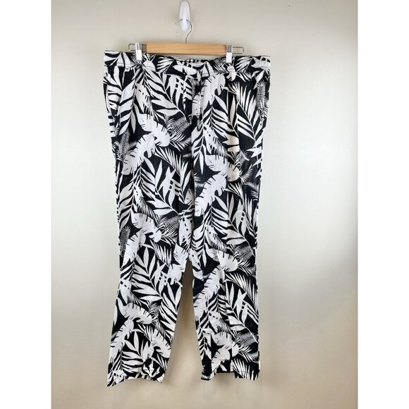 Serra Linen Blend Pants Women’s Sz XL Tropical Print Black White‎ Pull On Crop - Picture 1 of 7